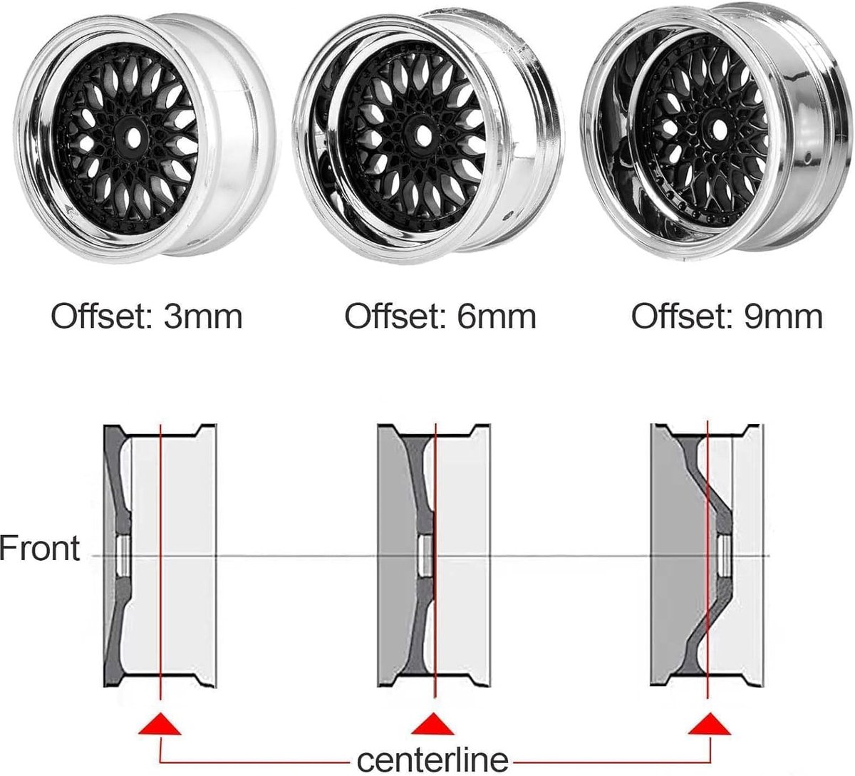 Wielenset, 4 stuks, 65 mm rubberen banden met kunststof coating, wielvelgen voor 1/10 RC op de weg, run-Flating, Touring Racing modelauto (zwart zilver, offset: 6 mm)