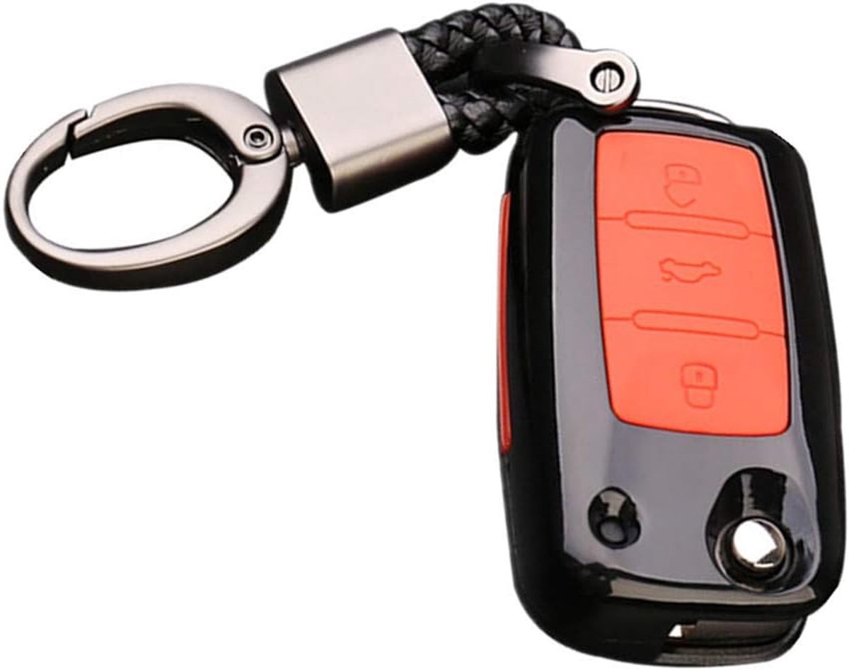 Koolstofvezel buitenkant + siliconen autosleutel beschermhoes, sleutelhanger voor Volkswagen VW, Bora, Kever, Tiguan, Polo, Passat, MK5/6, Jetta, Eos, Seat, Sagitar, Golf 6 (A zwart + rood)