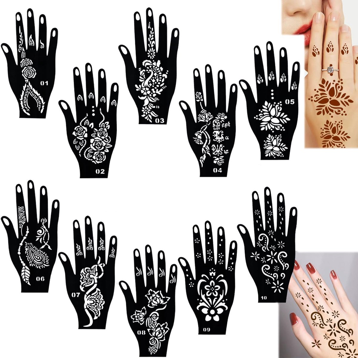 10-delige tatoeagesjabloonset - herbruikbare tijdelijke tatoeagesjablonen voor volwassenen voor de hand - DIY lichaamskunst schilderij sjabloon voor hand Mehndi-ontwerpen, feesten, festivals en
