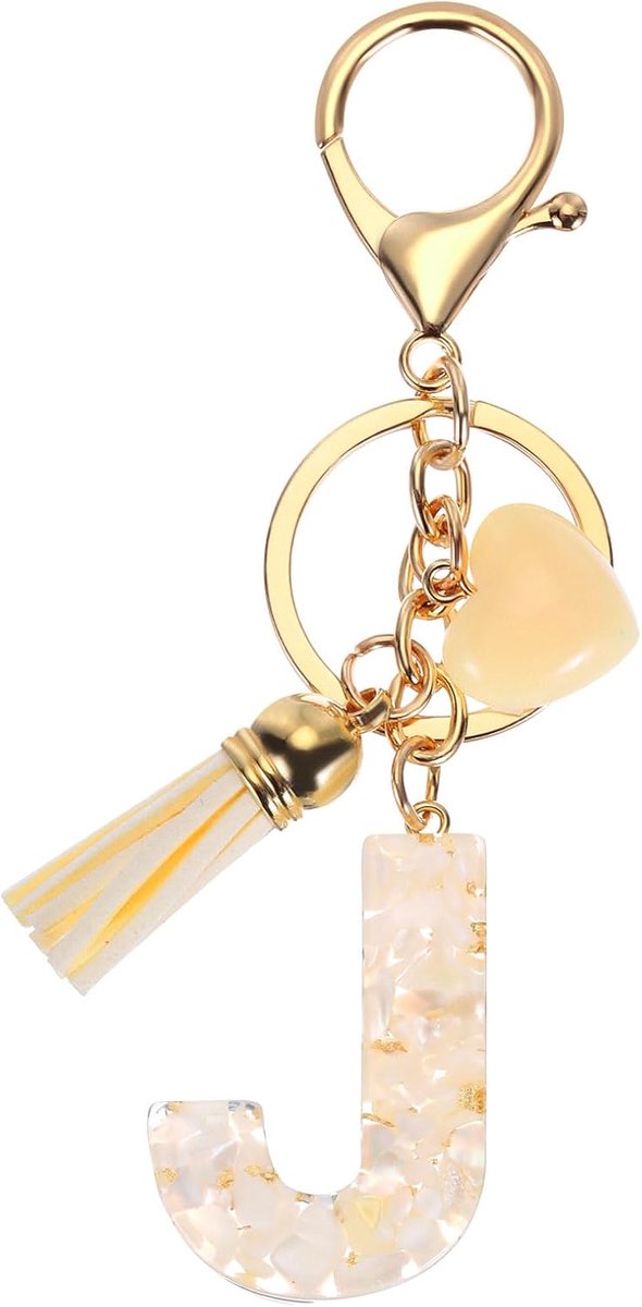 Alfabet Initiële Letter Sleutelhanger, Hars Schattige Sleutelhangers met Kwastje Hart Letter J Hanger Charm voor Vrouwen Sleutel Tas Handtas Rugzak Tas Accessoires, Beige