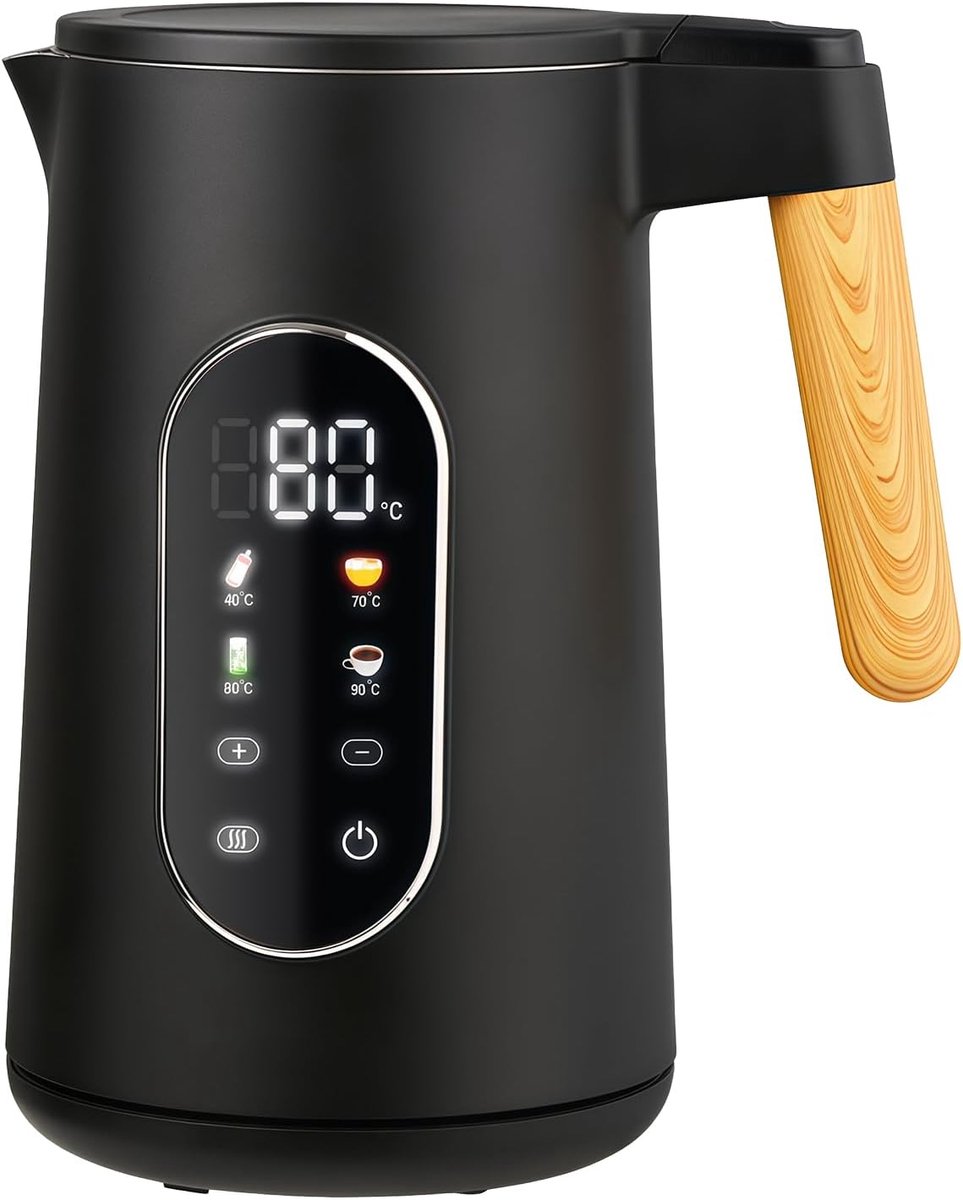 Waterkoker met temperatuurinstelling: 1,7 liter, dubbele wand, theekoker met digitale temperatuur, 40 - 100 °C, elektrische ketel warmhoudfunctie, BPA-vrij, met houten handvat -2200 W