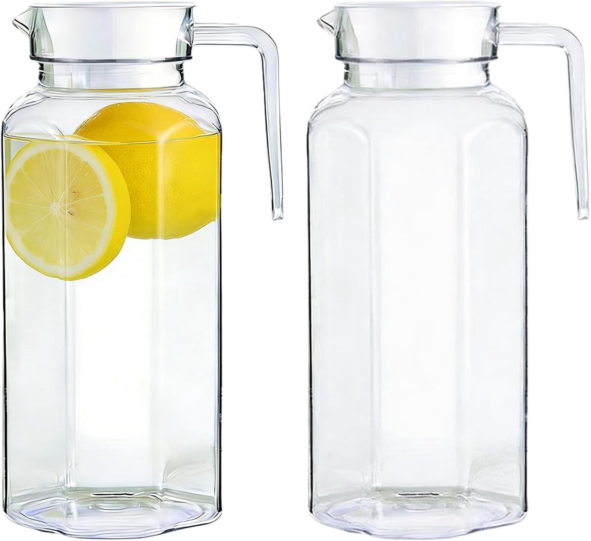 2 stuks heldere waterkruik met deksel: 1,5 liter transparante sapkruik met deksel, acryl waterfles, plastic waterkruik met handvat, drinkkan, voor wijn, koffie, koud warm water