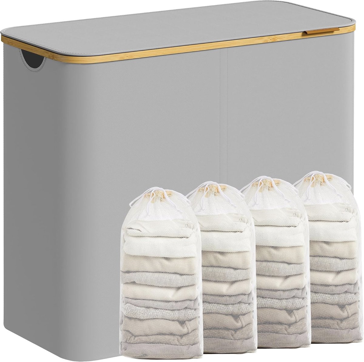 Wasmand met deksel, 4-vaks grote wasmand, 200 l, uitneembare mesh-voering, Oxford-stof, bamboe handgrepen, inklapbaar, 78 x 38,5 x 70,5 cm, duifgrijs LCB514GD01