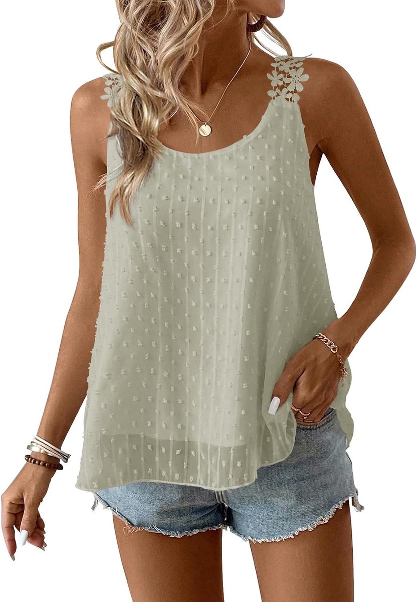 Tank Top Dames Zomer Boho Blouse Mouwloos Tops Vloeiend Elegant Ronde Hals Bloemen Camisole Casual Kant Outfits