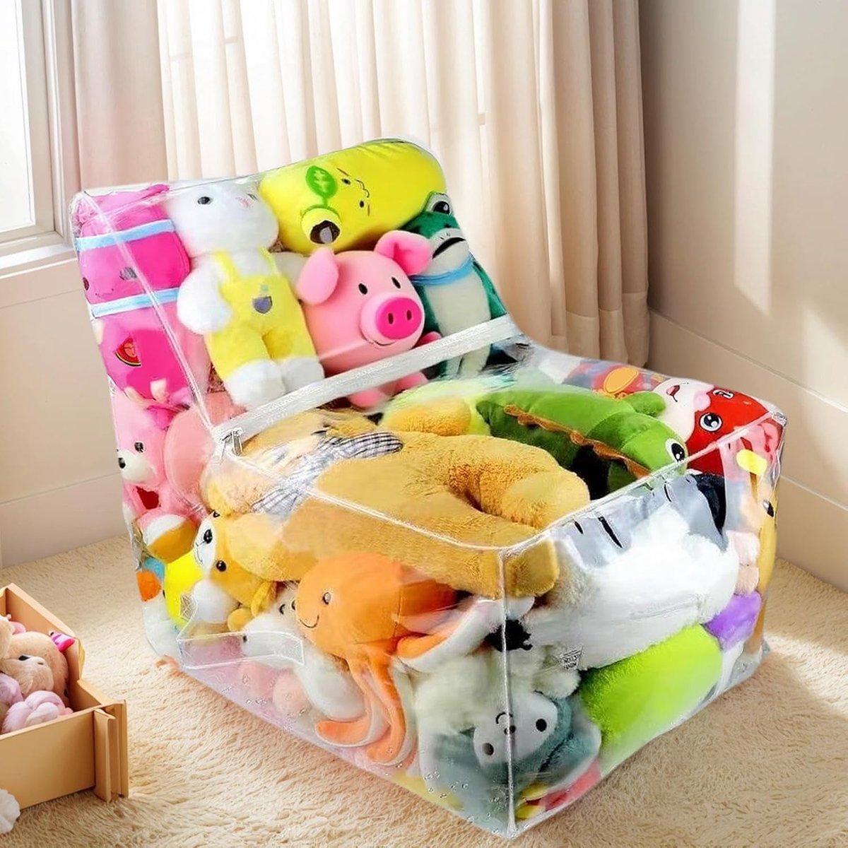 Zitzak Organizer - Opbergzak Pluche - Speelgoed Opbergen - Transparant PVC - 60 x 60 x 45 cm - Transparant
