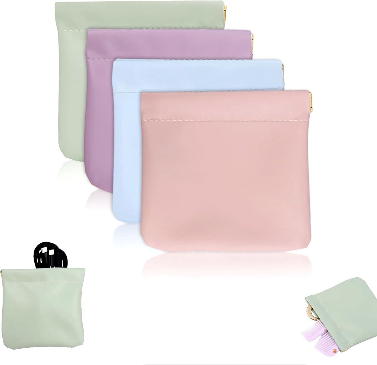 4st Leren Etuis, 12x12cm Waterdicht met Drukknoopsluiting Cosmetische Tasjes Gepersonaliseerd Mini Reisorganizer Make-Uptasje voor Sieraden Oordopjes Munten en Accessoires (4 Kleuren)