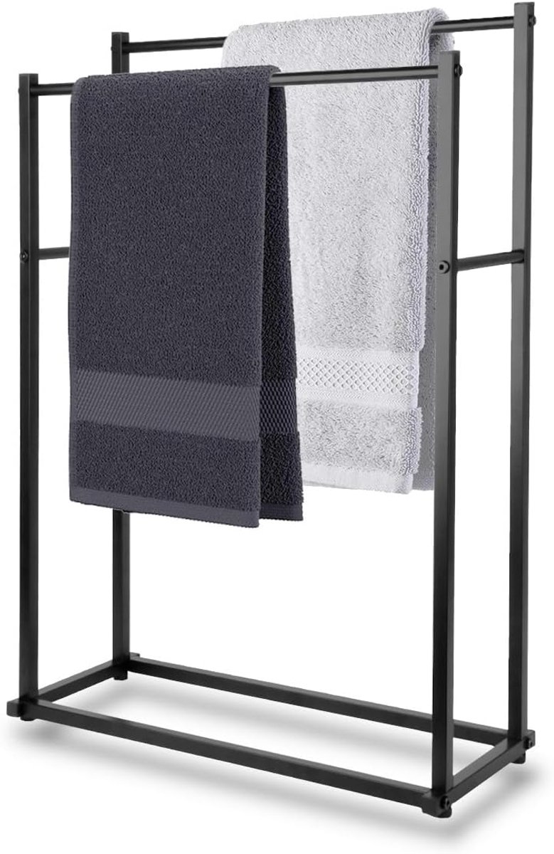 Handdoekrek badkamer - staand model - zwart staal - voor 2 handdoeken - SnelShoppen