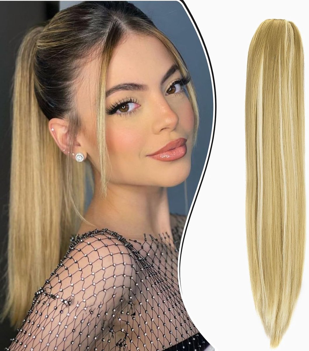 Klauw op Paardenstaart Haarstuk Vlecht Verlenging Rechte Lange Paardenstaart Extensies Haarverlenging Synthetische Ponytail, 50cm Zandkleurig blond/bleekblond