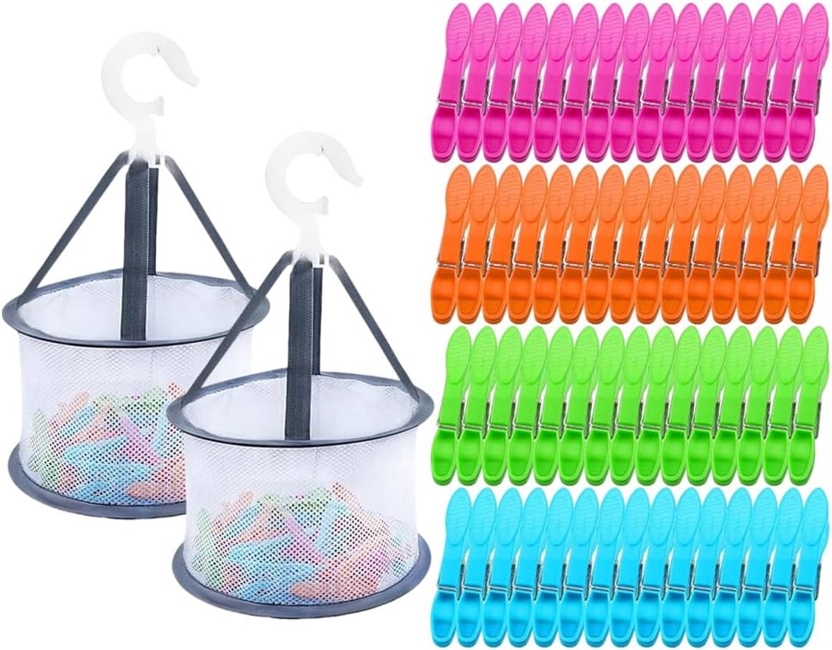 Wasknijpers met mand, 60 stuks, windbestendige, kleurrijke wasknijpers, zonder afdruk, wasknijpers met clipmand, plastic sokkenklemmen, voor kleding, camping