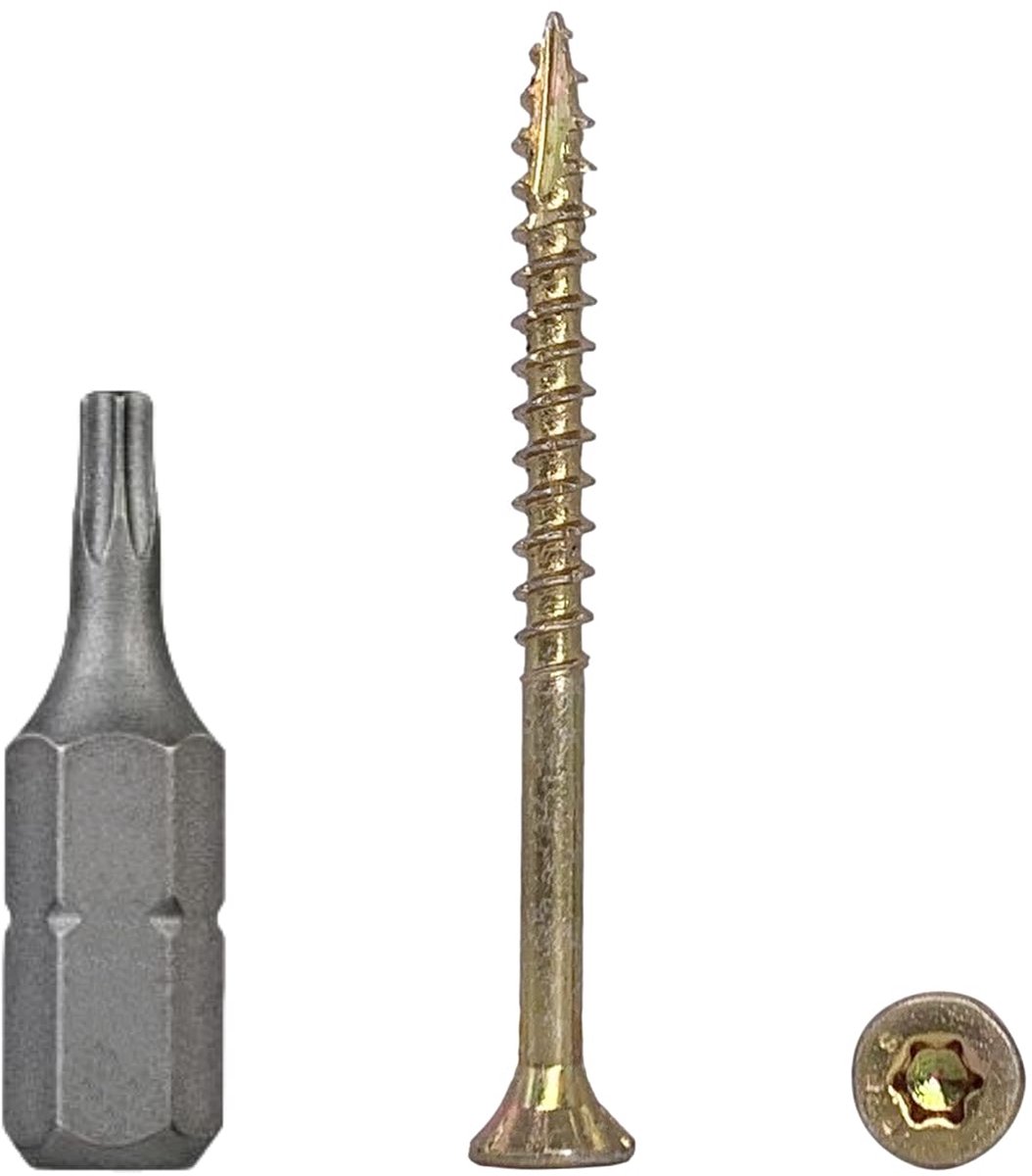 (Pack van 200 stuks) Verzinkt staal 3,0 x 40 mm gele houtschroeven, torx-kop, type 17, verzonken kop, gedeeltelijke draad, spaanplaatschroeven (200, 3,0 x 40 mm)