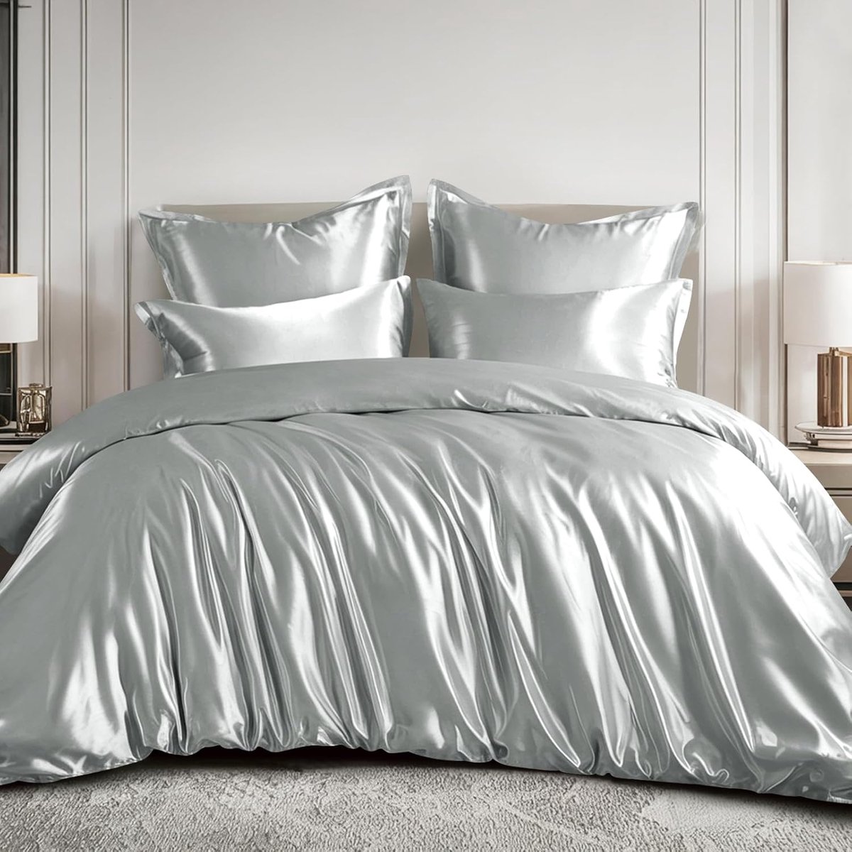 Satijnen beddengoed, 200 x 200 cm, grijs, luxe dekbedovertrek met glans als zijde, beddengoedset lichtgrijs, voor haar en huid, glanzend beddengoed, 200 x 200 cm, met ritssluiting en