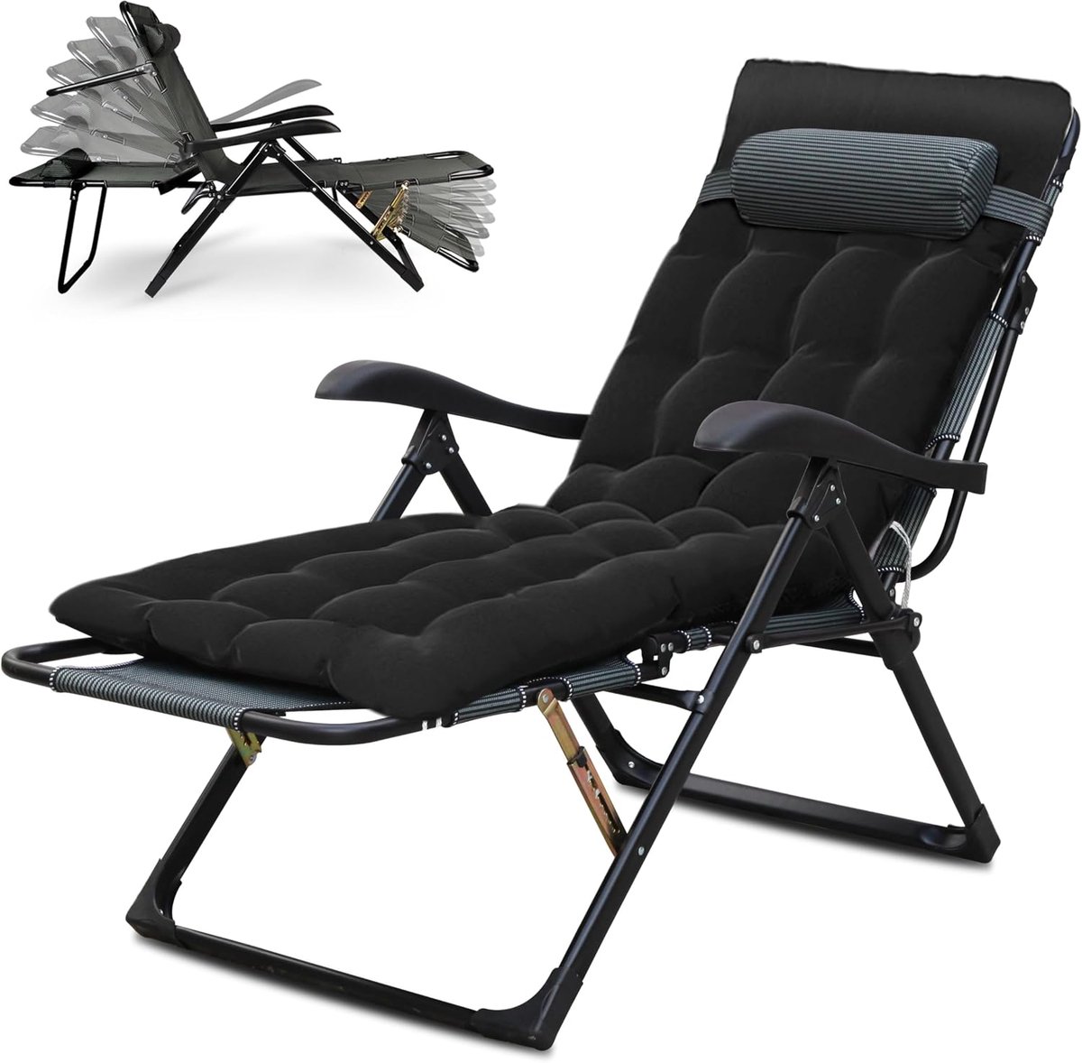 Zonneligstoel, inklapbare tuinligstoel met kussen, tuinstoel met 7 instelbare rugleuningposities, verstelbare relaxstoel voor tuin, balkon, zwembad, zwart