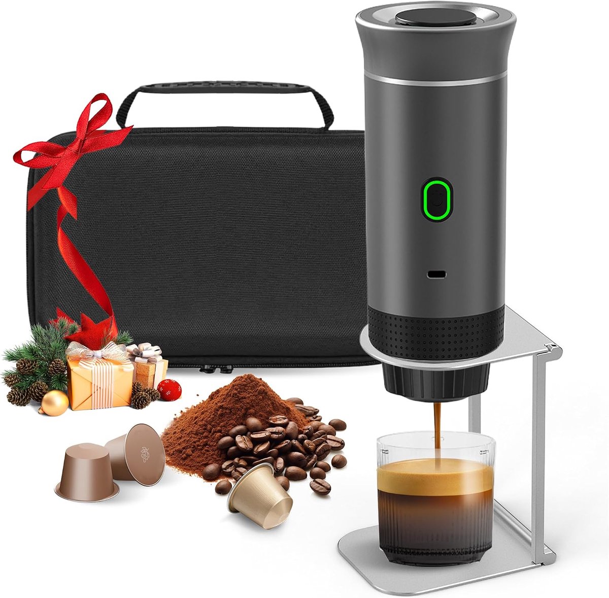 Koffiezetapparaat, 3-in-1 espressomachine met houder en tas, oplaadbare batterij 7500 mAh, compatibel met capsules en gemalen koffie, voor reizen, camping, auto, kantoor (grijs)