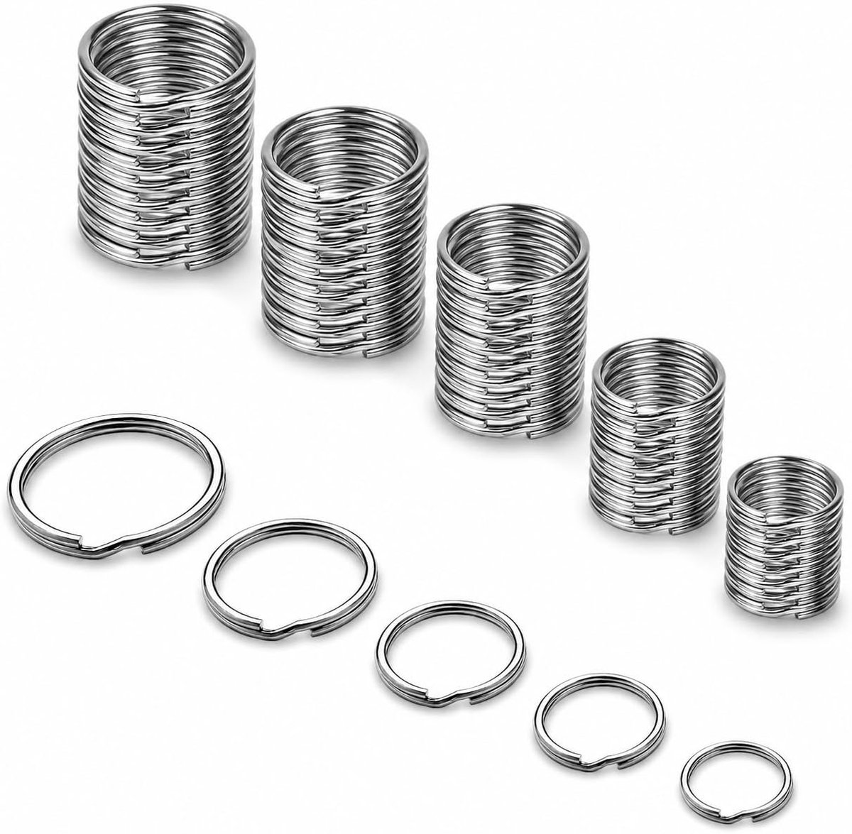50 stuks, 5 maten (30 mm, 28 mm, 25 mm, 20 mm, 15 mm), roestvrij staal, sleutelring, zilver, sleutelring, sleutelring, sleutelringen, voor auto, huis, sleutelaccessoires, doe-het-zelf