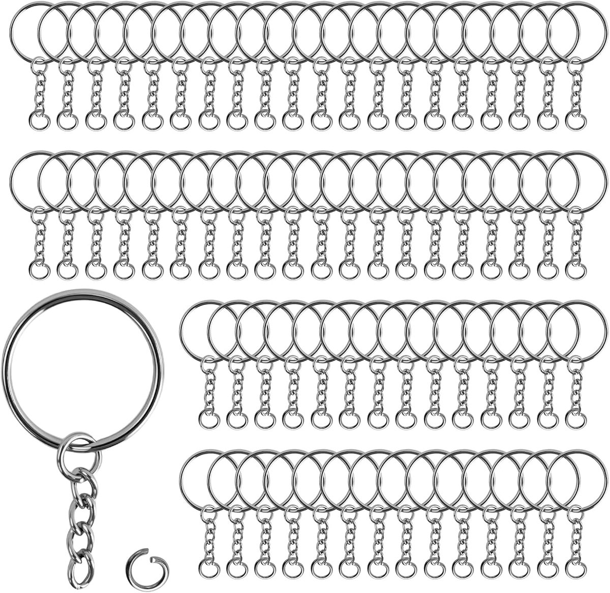 110 stuks 25 mm sleutelring met ketting, sleutelhanger met splitringen voor sleutels, handwerk, doe-het-zelf, sieraden maken, roestvrij metaal (zilver)