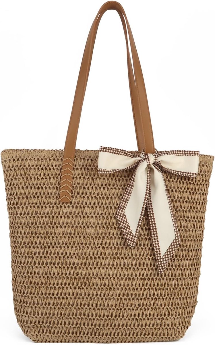 Strandtas voor dames, gevlochten tas van papiertouw met leren handgrepen en ritssluiting, grote strandtas voor zomer, vakantie en strand, licht en stijlvol