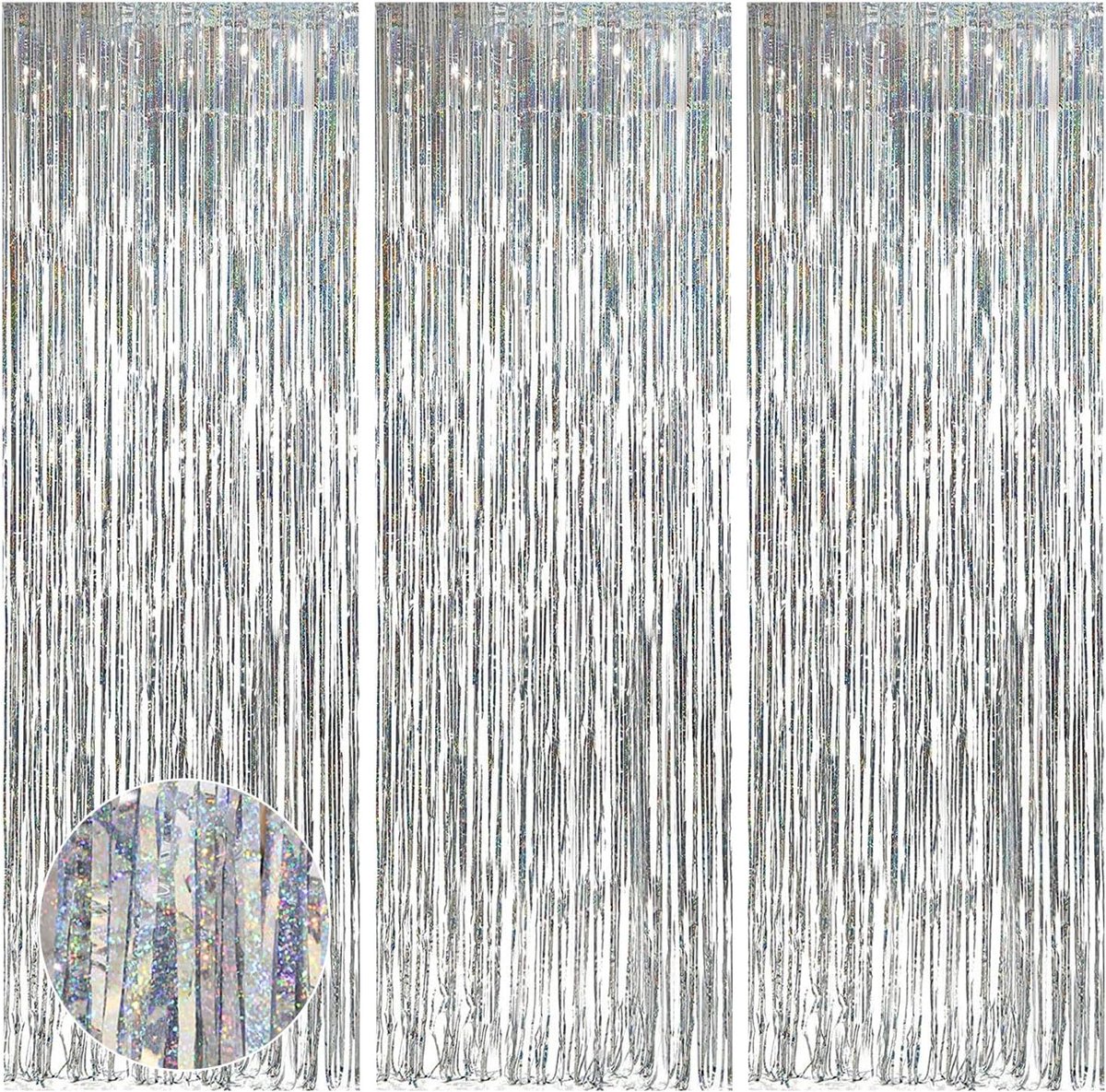 3 stuks 3 x 8 ft zilveren folie franje gordijnen, deurgordijnen opknoping slingers, gordijnen metallic klatergoud achtergrond decoraties voor vrijgezellenfeest, verjaardag, bruiloft,