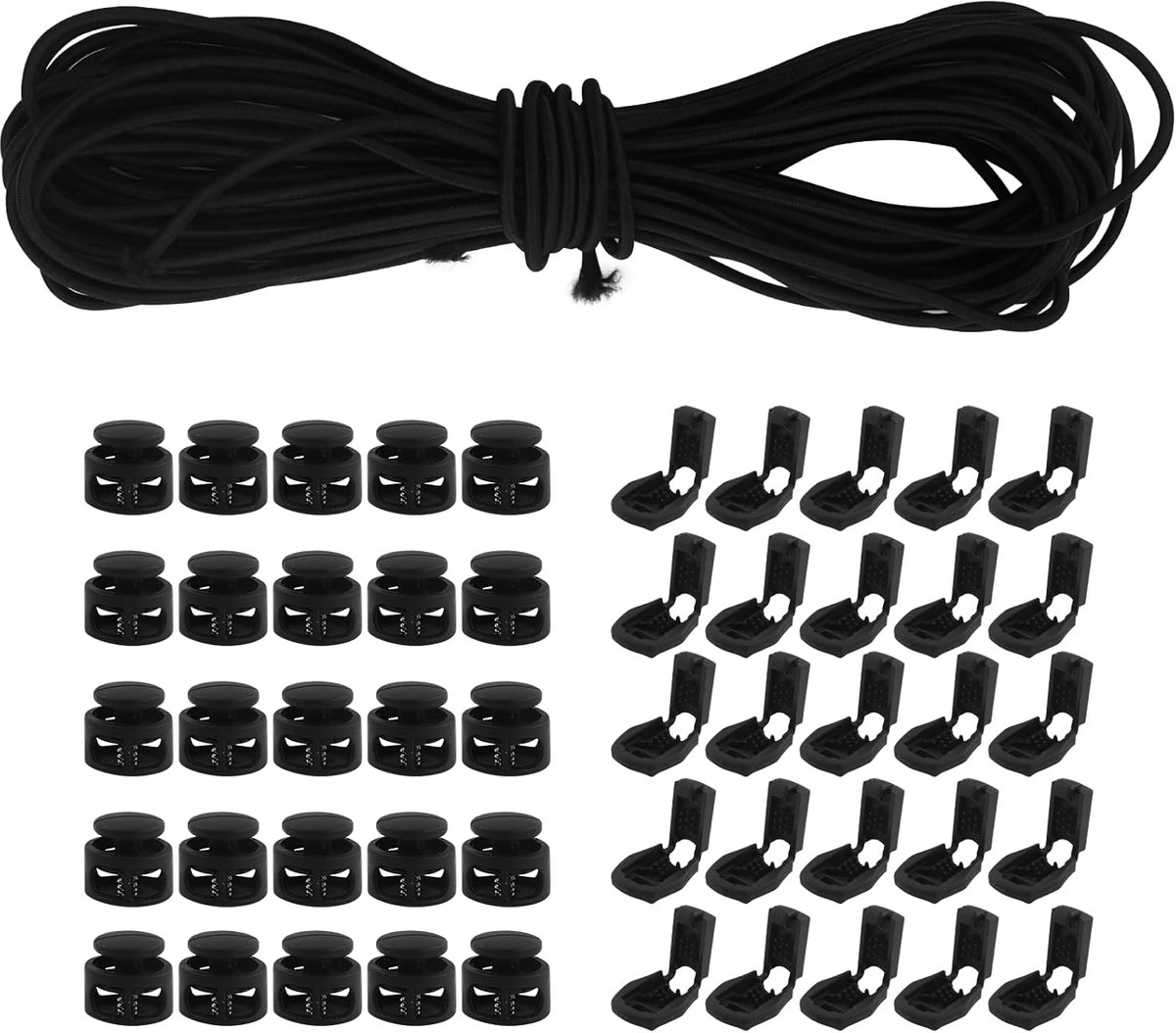 1 stuk zwart elastisch koord, elastisch rubberen koord, rond rekbaar koord met koordstopper, koordklem, koordstopper ritssluiting voor rugzak, veters