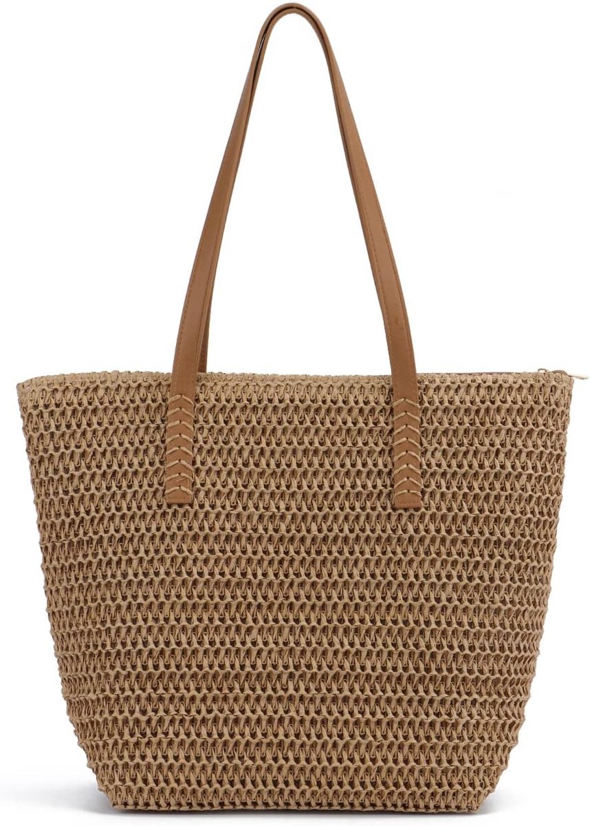 Stro Schoudertassen voor dames, zomer, strotas, grote geweven strohandtas, strandschoudertas, lichtbruin, 40 x 32 x 14.5 cm