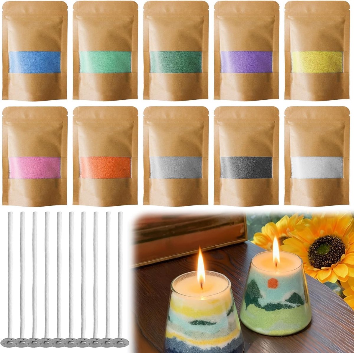 Kaarszand met lont: 10 kleuren kaarsenwasgranulaat, 500 g kaarsen zand, kaarsen zelf maken set, doe-het-zelf kaarsengranulaat set, wasgranulaat voor waxkaarsen zelf maken (kaarslont 10 cm)