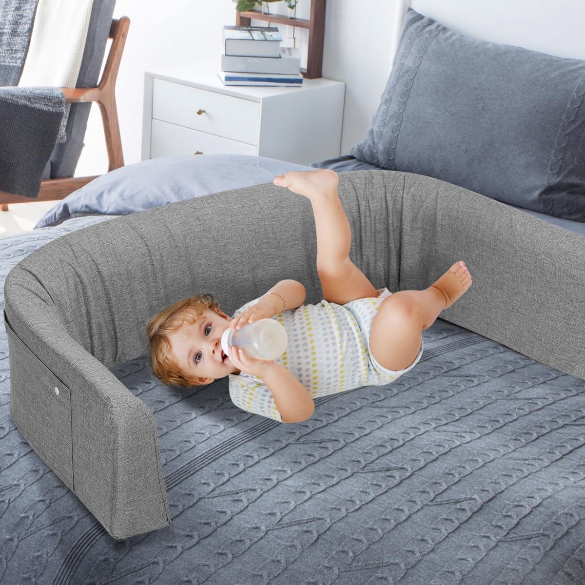 Bedhek, 200 cm, valbescherming, bed voor kinderen, vormbare bedrandbescherming, in hoogte verstelbaar, veiligheidsleuning, boxspringbed, kinderbedhek, grijs