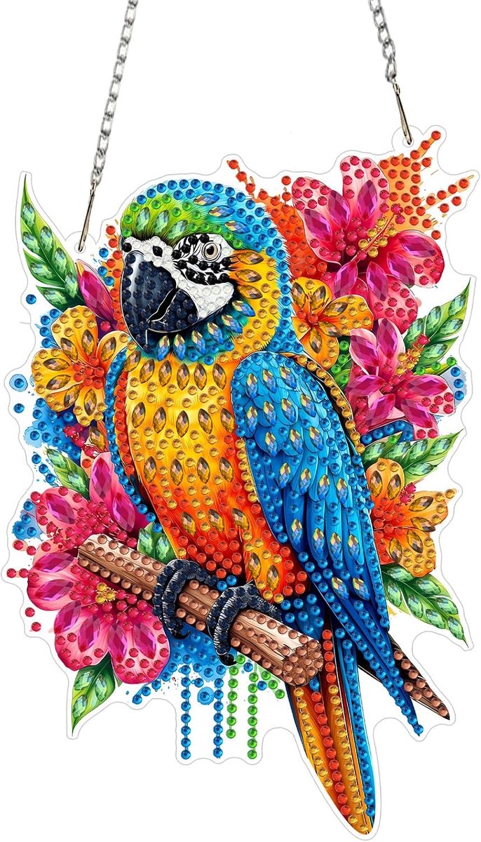 Papegaai Diamond Art Hangende Ornamenten, Speciale Gevormde Boor Diamant Schilderij Kits voor Volwassenen, Bloem Kristal Edelsteen Art Hanger 5D Venster Ambachten voor Muur Tuindeur Decor, 20cm