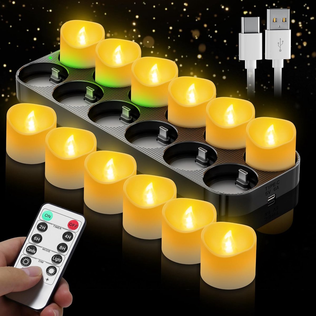 led-theelichtjes, 12 stuks, met afstandsbediening en timerfunctie, elektrische kaarsen met USB-C-laadstation voor bruiloften, feesten, decoratie, vlamloze theelichtenset voor thuis