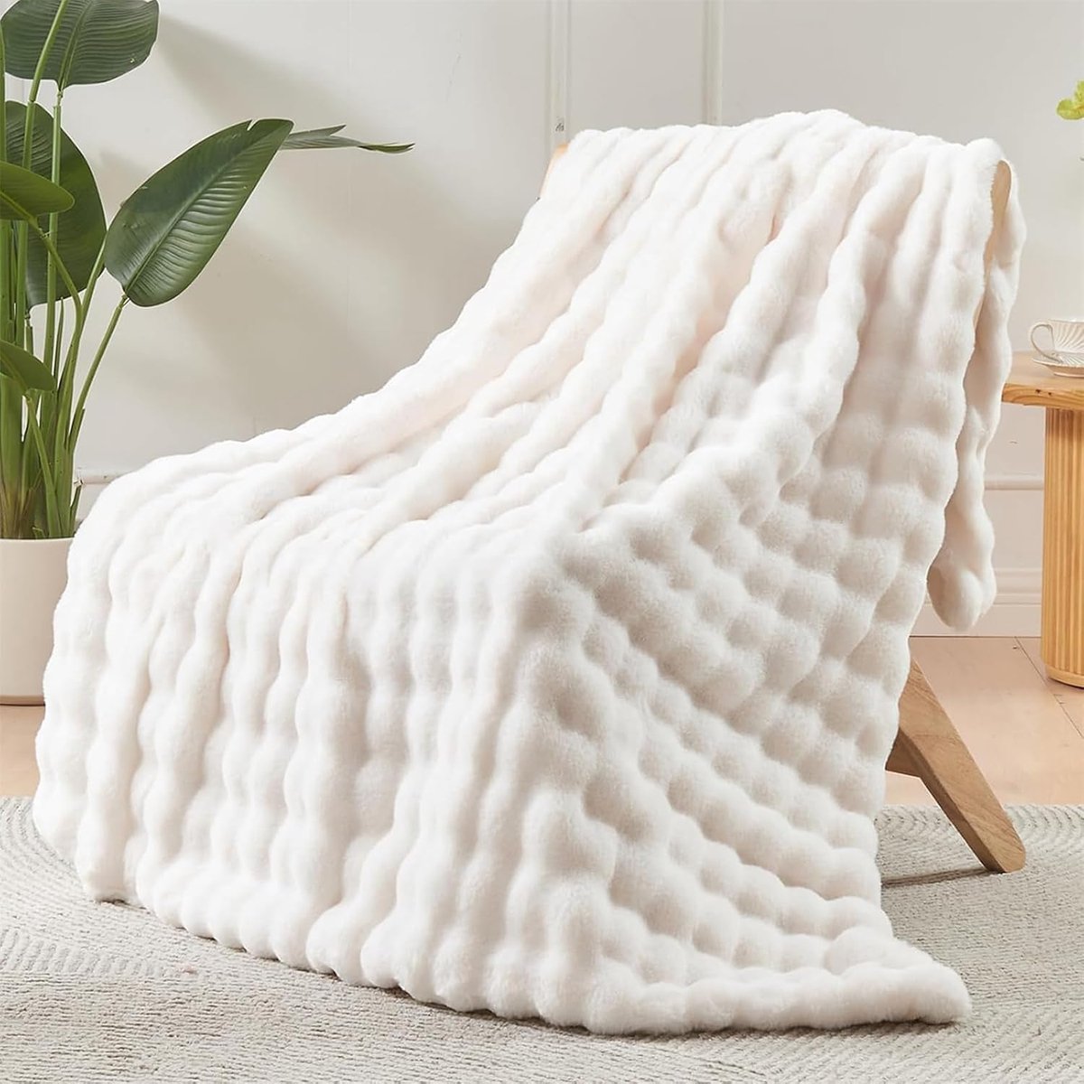 Imitatiekonijnenbont Plaid Deken, Omkeerbare Pluizige Warme Gezellige Grote Pluizige Deken voor Bed Sofa Bank Woondecoratie, 130x160cm, Crèmewit