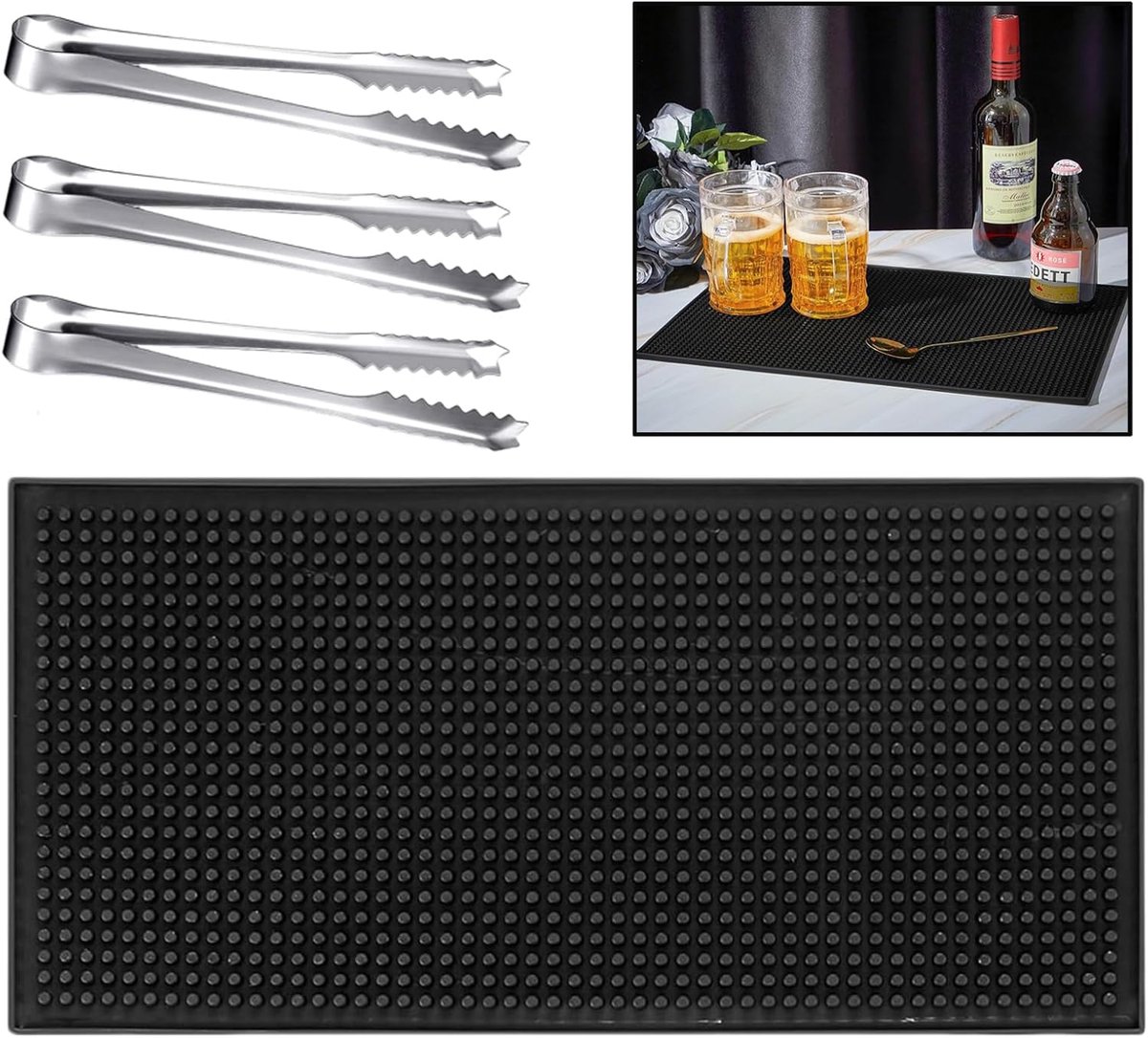 Mat 30 x 15 cm, en 3 roestvrijstalen ijsblokjestangen, rubberen afdruipmat voor servies, zwarte serviesmat, hittebestendig, vaatwasmachinebestendig