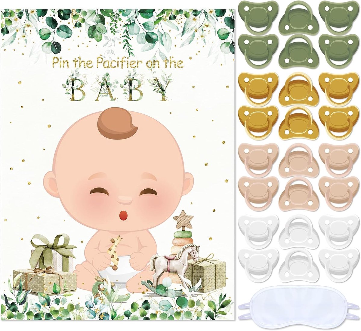 Speld de fopspeen op de babyfeestspellen Saliegroene babyshower decoraties pin de fopspeen op de babyposterset met 24 stuks fopspeenstickers blinddoek voor jongens meisjes