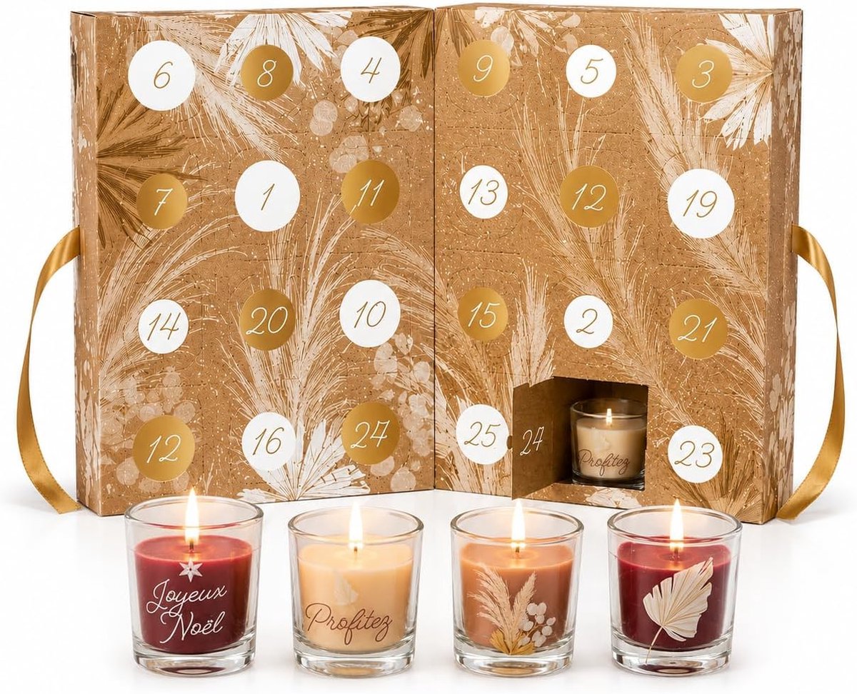 Adventskalender 34 x 25 x 14 cm - Beige design - 24 unieke geurkaarsen - Voor een feestelijke sfeer - SnelShoppen