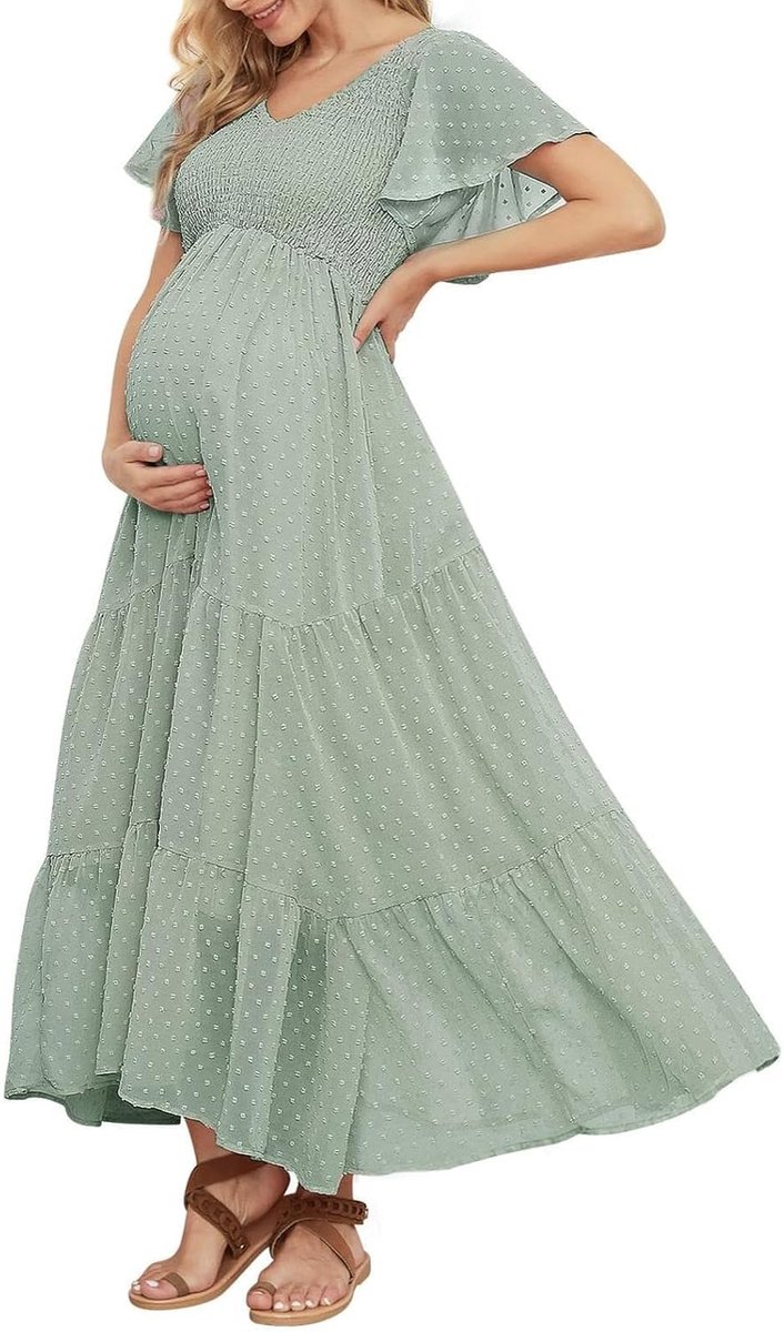 Dot-zwangerschapsjurk gesmokt voor babyshower, fotoshoot, casual, V-hals, ruches, empire-taille en bohemien-stijl met plooien