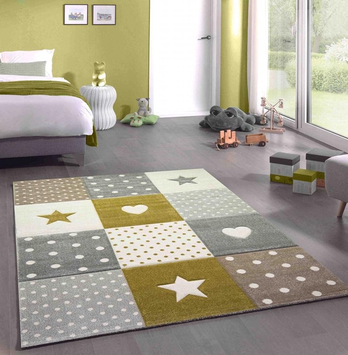 Kindertapijt kinderkamer spel tapijt punten hart ster design crème wit goud afmeting 120x170 cm