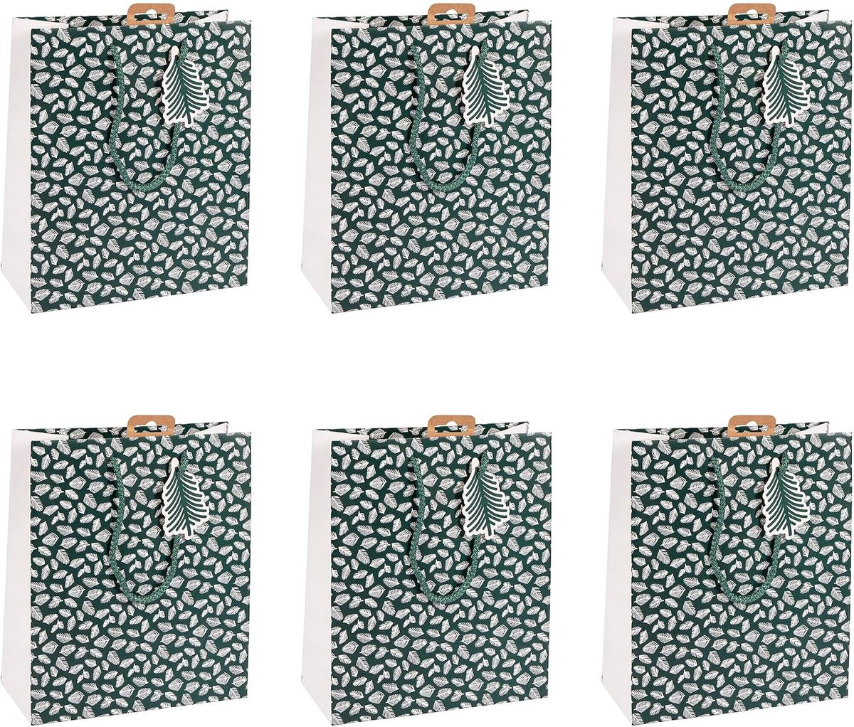 - X-30927-3Cpack - Een Set van 6 Cadeauzakken voor Kerst - Middel Formaat 21,5x10,2x25,3cm - Dennenboom - Superieure Kwaliteit, Stevig: 210g - Ideaal voor: Boek, Spellen, Kleine Cadeaudozen
