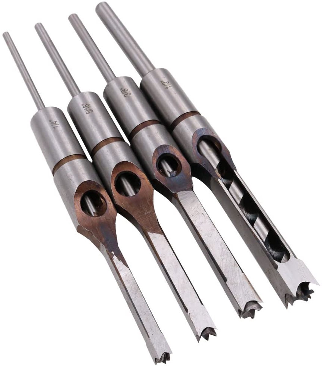 beitelset, 4-delige set houtbewerking vierkante boor houtgatzaag met spiraalboor 6,35 mm, 7,94 mm, 9,5 mm, 12,7 mm (1/4", 5/16", 3/8", 1/2"))