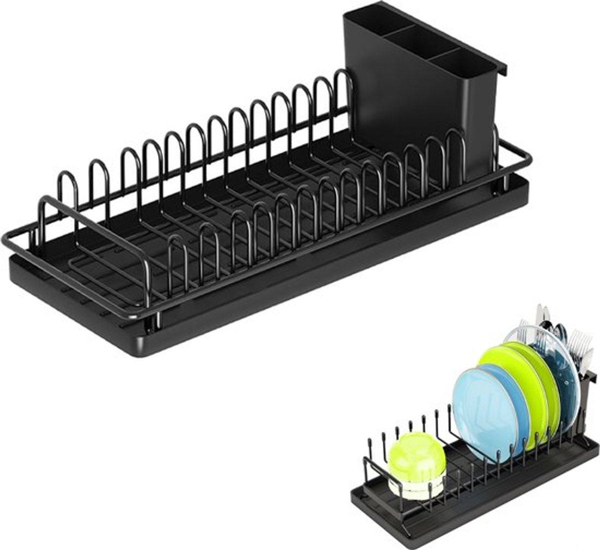 Afdruiprek - Vaatdroger - Dishdroogrek - Afwas Druiprek - Keuken Organizers - Stijlvol En Praktisch - Voor Elke Keuken - Kunststof - Metaal - Tot 12 Borden - Met Lekbak - Met Bestekhouder - Ruimtebesparend - Voor Huis/Camping - Zwart