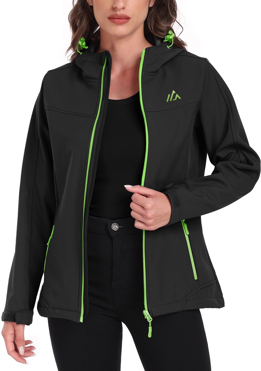 ATLASLAVA Softshelljack voor dames - waterdichte overgangsjas - ademende regenjas - winddichte jas - gevoerd met capuchon - voor outdoor wandelen - XXXL - zwart groen