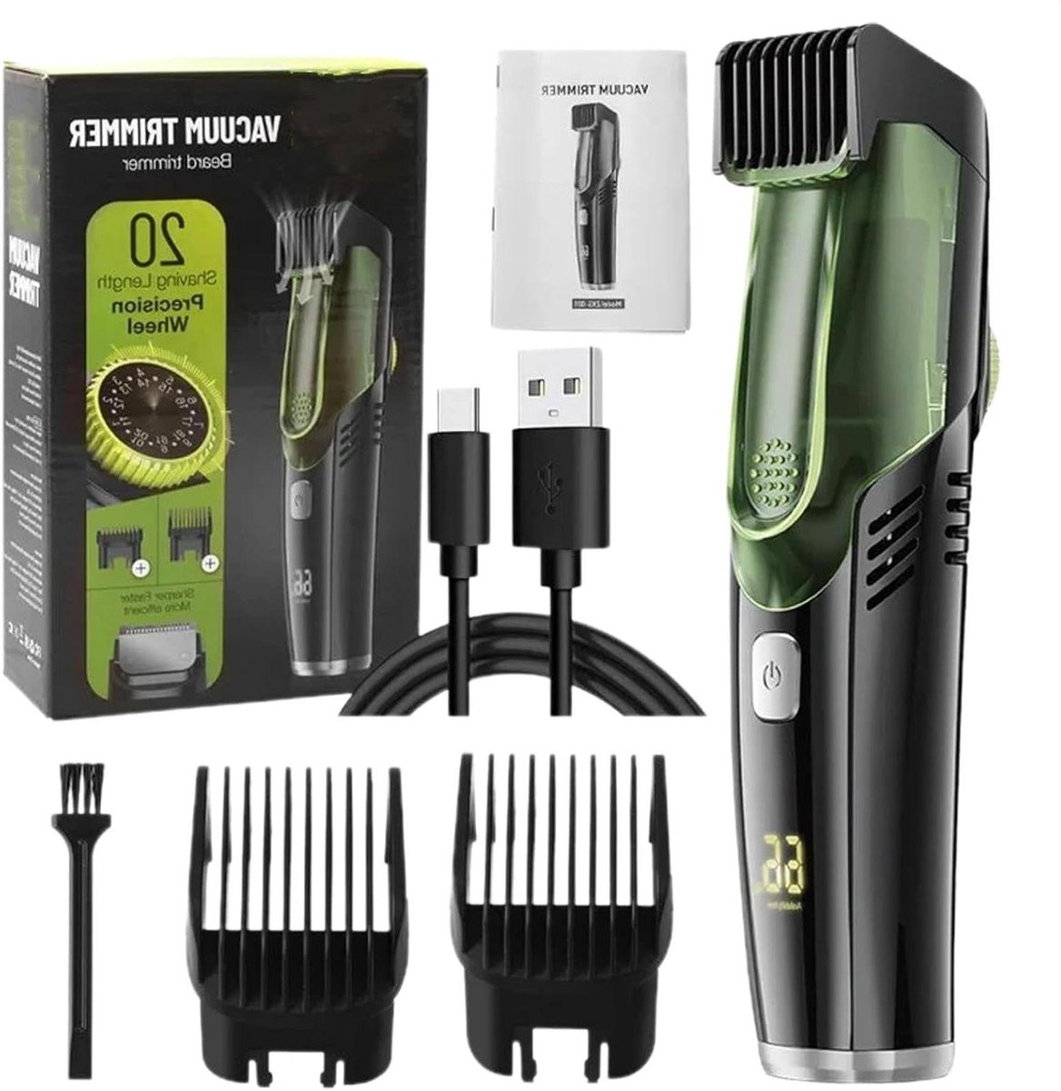 Baardtrimmer met Zuigfunctie - Elektrische Baardtrimmer Scheerapparaat - Netjes Trimmen - Vangt 95% Haar Op - IPX6 Waterdicht - Zwart