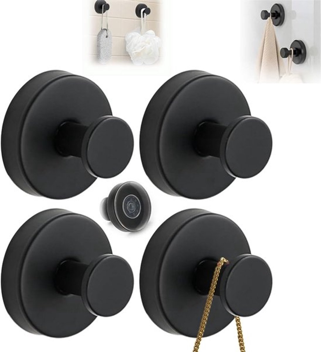 Zuignaphaken voor douche - 4-stuks - roestvrij staal - waterdichte zuignaphaken voor douche - badkamer en keuken (zwart)
