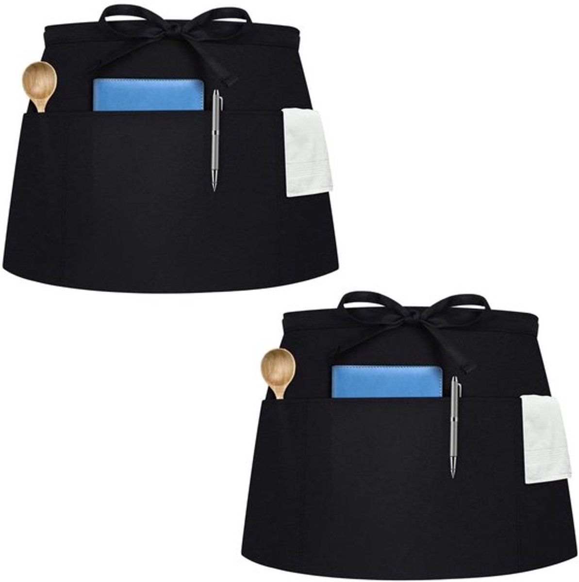 2-Pack Zwarte Verstelbare Keukenschorten met 3 Zakken - Geschikt voor Mannen, Vrouwen, Obers, Chefs, Bistro's, Restaurants, Cafés