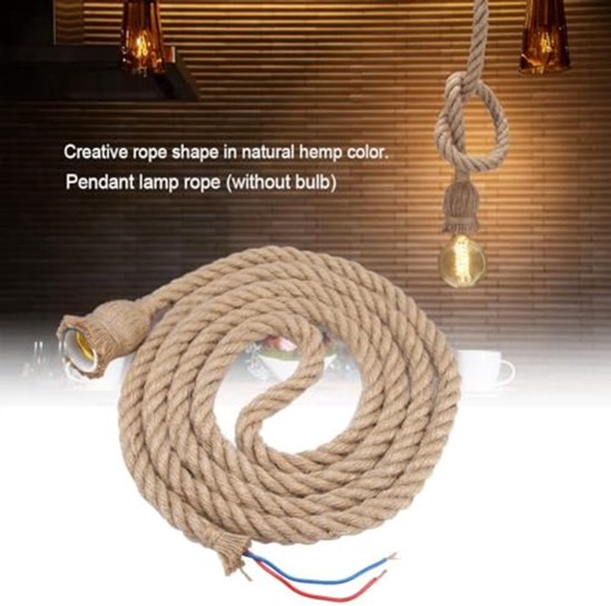 E27 Vintage Jute, 3M Touw Plafondlamp Basis Hanglamp 3M 6.5FT Kroonluchter Lamp Houder 85-265V voor Industriële Doe-Het-Zelf Projecten Decoratie