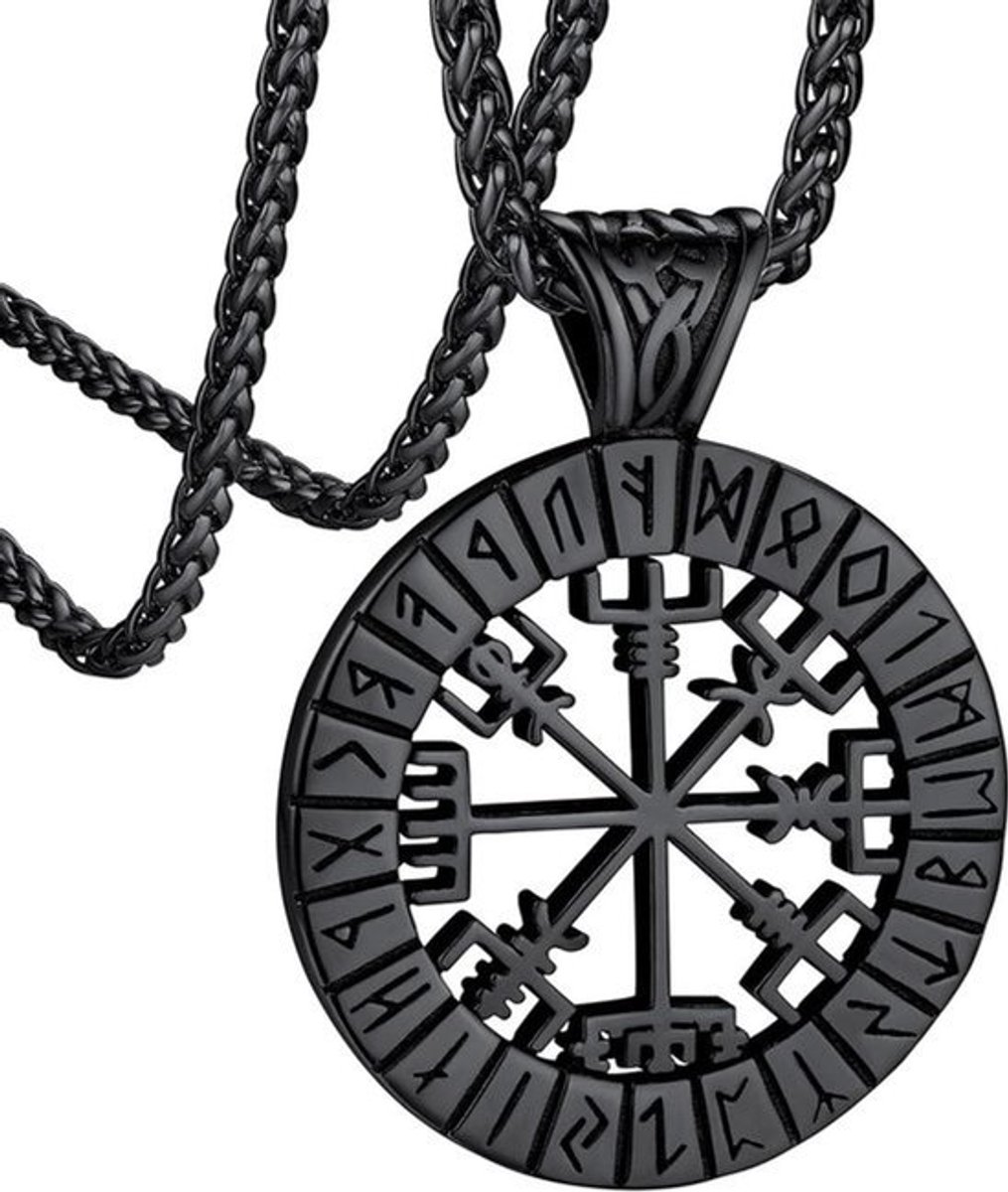 Viking Ketting met Runentekens - Scandinavisch Kompas Odin Hanger - Roestvrij Staal Herensieraden - Gegraveerd - Hondenpenning - Helm van Ontzag Mythologie - Beschermende Amuletten Talisman - Personaliseerbaar