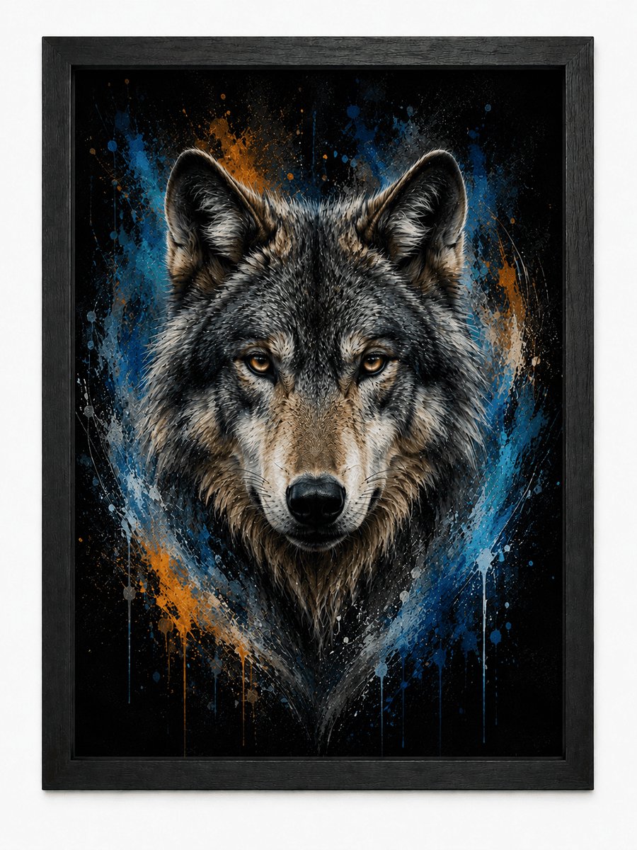 Wolf Poster | Dierenposter in Moderne Art Style | Wanddecoratie Woonkamer | Inclusief Zwarte A4 Lijst