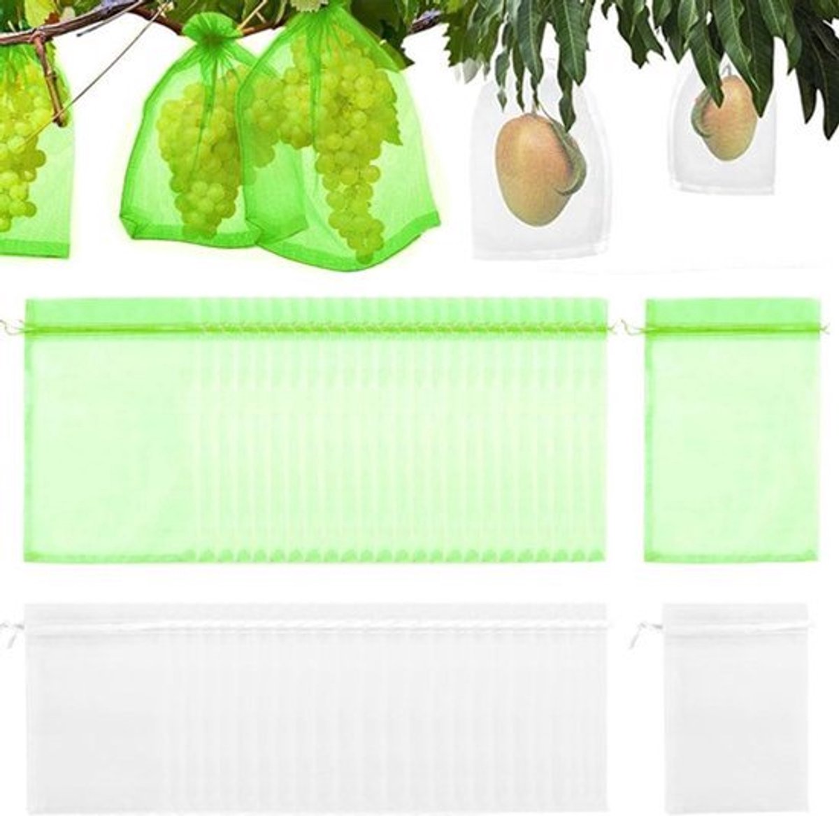 Fruitbeschermingszakken - 50 stuks, met trekkoord voor druiven, planten en fruit - herbruikbaar en in wit + fruitgroen