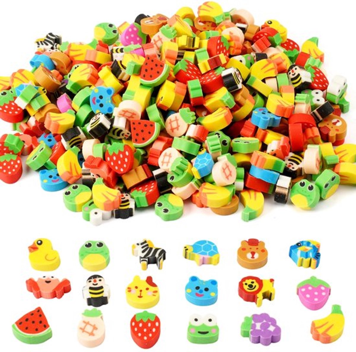 300 stuks Kleine Potloodgum, Kleurrijke Mini Rubber Gummen, Schattige Motief Gummen, Dierengummen voor Feestjes, Huiswerkbeloningen, Beloningen voor Studenten in de Klas