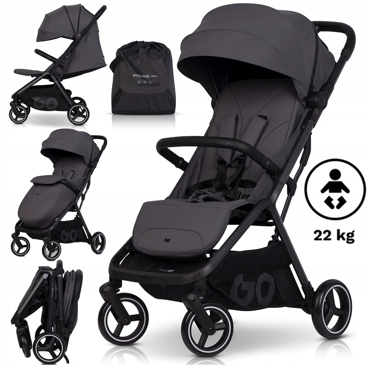 Easy Go Hero kinderwagen - lichtgewicht, 0-22kg, Grote Wielen, accessoires