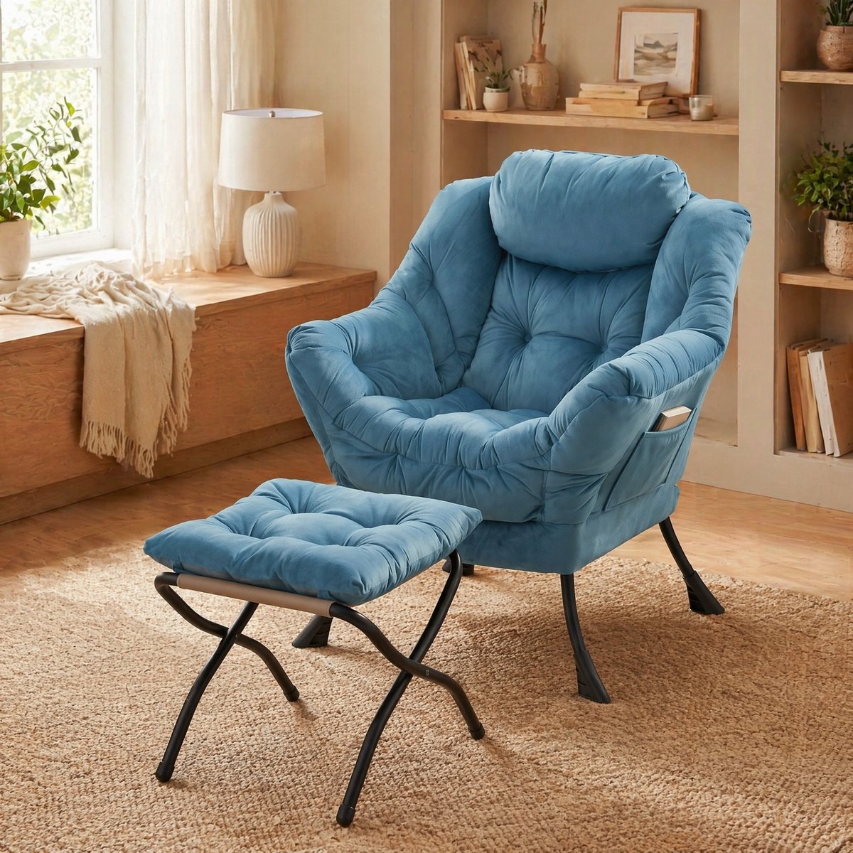 MODENUIT Fauteuil Met Hocker - Relaxstoel Met Armleuningen En Zijvak - Voor Woonkamer En Slaapkamer - Stof Blauw