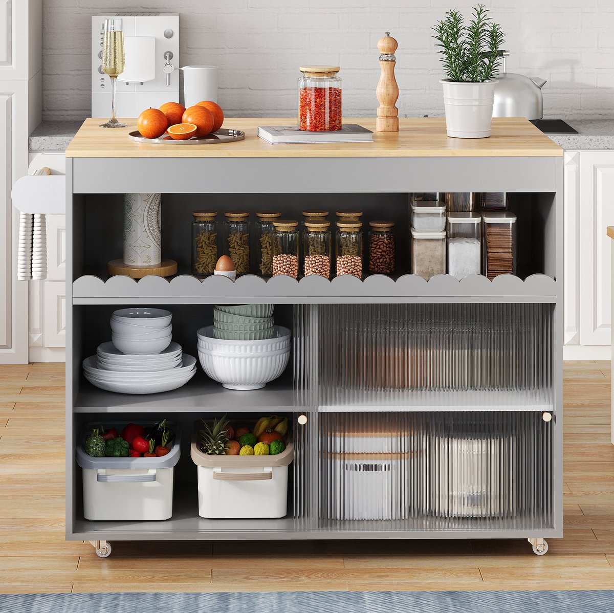 MODFU-Keuken Eilandwagen-Opklapbaar-Gehard Glas-Fineer-MDF-Grijs-122 X 46(69) X 91 Cm