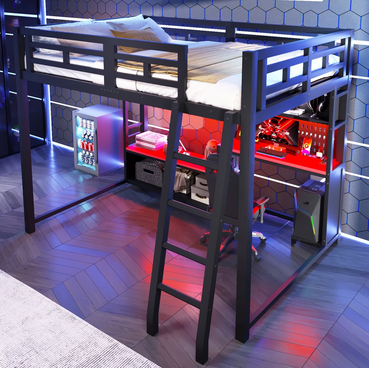 OKWISH Hoogslaper 140x200 cm - Met Bureau En Ledverlichting - Met Opbergrekken - Zonder Matras - Voor Kinderkamer - Metaal En MDF - Zwart