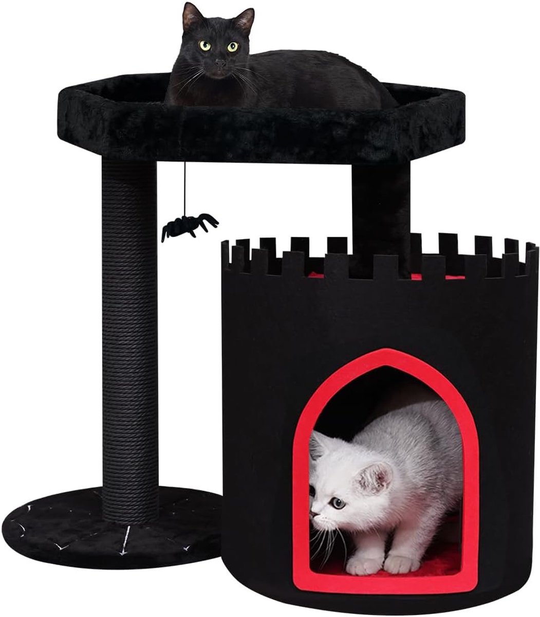 Merkloos Gotische Kattenkrabpaal - Zwarte Toren met Kist & Speelgoed